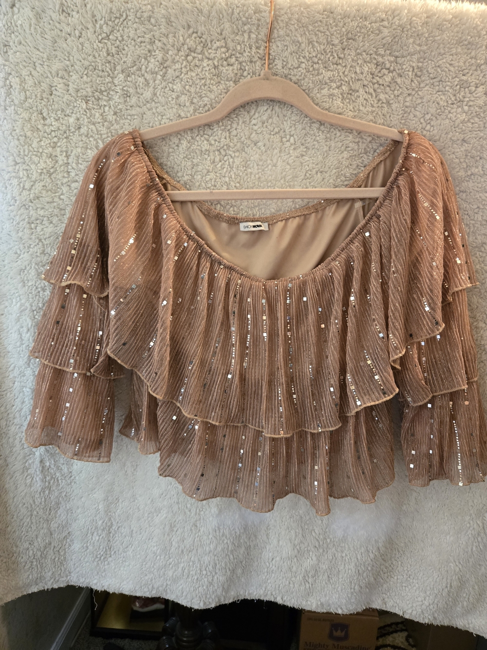 Fashion Nova Rose Gold Ruffle Sequin Blouse